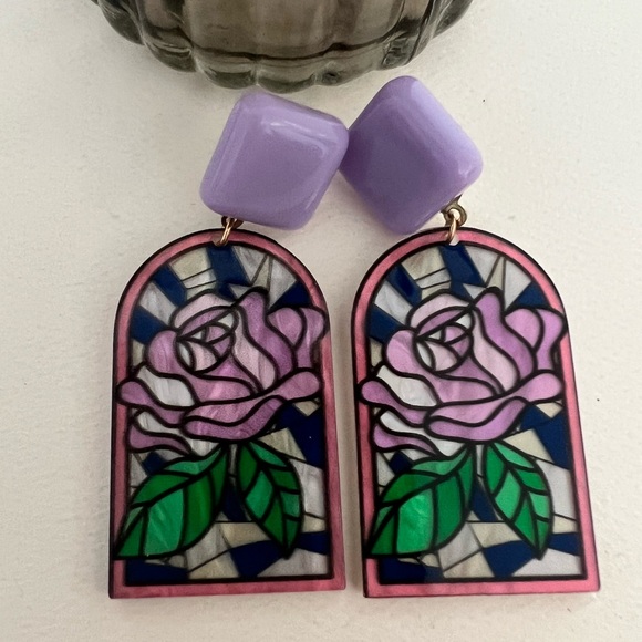 Art Nouveau Floral Stained Glass Earrings- Dangle Retro Flower Earrings - Picture 11 of 16